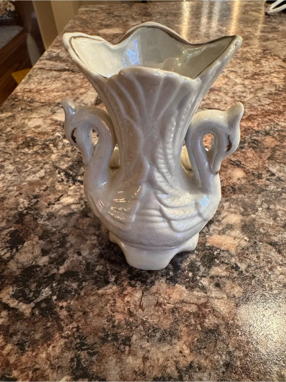 vintage lusterware ceramic swan vase featuring iridescent finishes